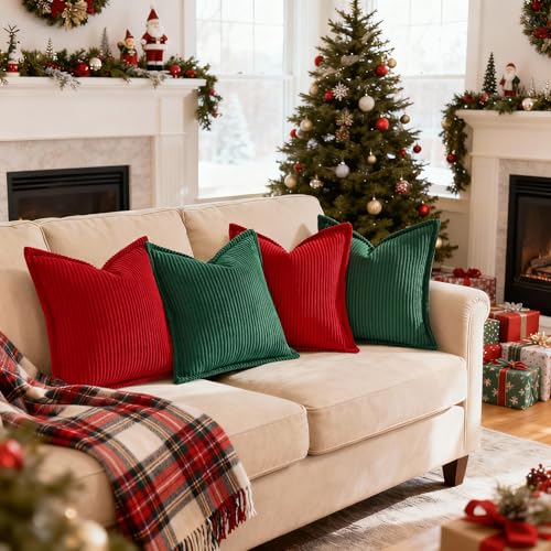 Mecatny 18x18 Corduroy Throw Pillow Covers, Set of 2, Christmas Green with Flange