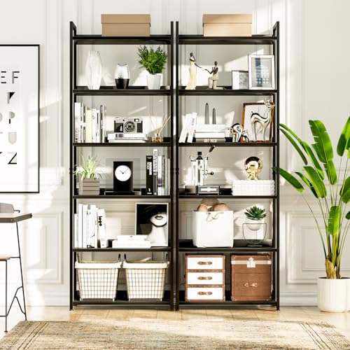 NUMENN 6 Tier Wide Freestanding Bookshelf, Black - Modern Multi-Use Shelving Unit