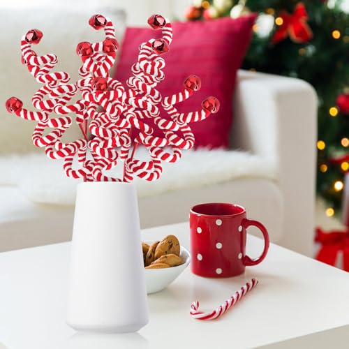 RINOLY 6 pcs Candy Cane Christmas Tree Topper 17in Red & White Woolen Bells