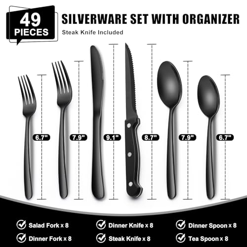 EWFEN Black Heavy Duty 49-Piece Silverware Set with Organizer for 8, Rust-Proof Stainless Steel Flatware