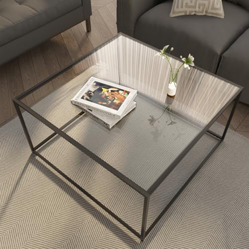 Black Glass Coffee Table Modern Center Table with Metal Frame - Easy Assembly