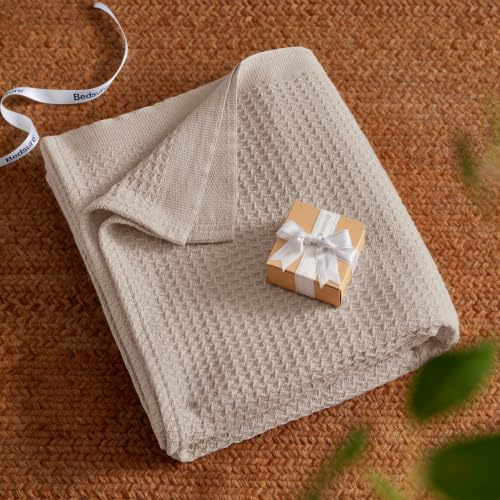 Bedsure King Size Beige Cotton Waffle Weave Blanket - 104x90 Inches, Breathable & Soft