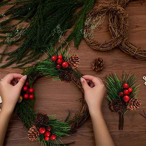 QLINLEAF Christmas Red Berry Stem Floral Pine Cone Artificial Branch Evergreen Decoration - 12 Pieces for DIY Holiday Crafts and Garland
