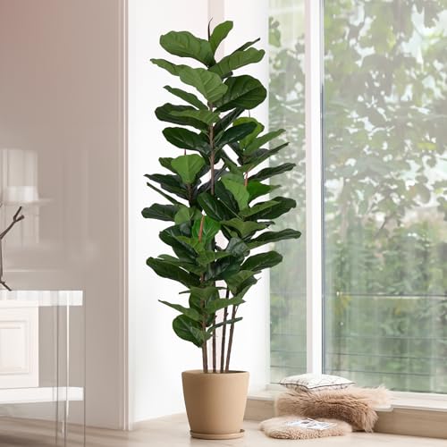 YEPDIN Faux Fiddle Leaf Fig Tree 6 FT - Artificial Indoor Outdoor Plant with 69 Large Leaves