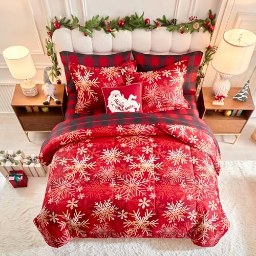 UOZZI Bedding Christmas Snowflake Queen Comforter Sheet Set 7 Pieces Reversible Holiday Bed in a Bag - Red & Gold