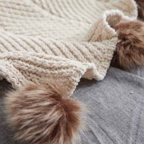 51x63 Inch Knit Throw Blanket with Pom Poms - Super Soft Warm Cozy Couch & Sofa Accessory Beige Apricot - VCTOPS