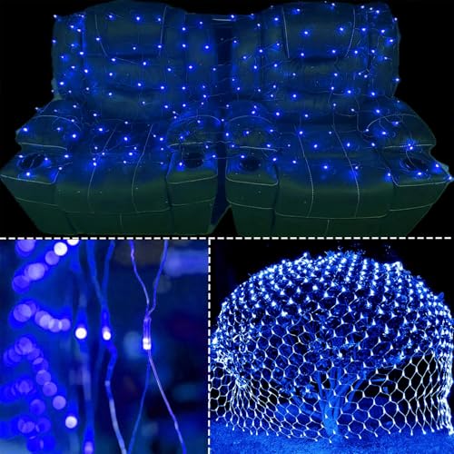 WATERGLIDE Blue Outdoor Christmas Mesh Net Lights 12ft x 5ft, 360 LEDs, 8 Modes, Waterproof Garden Decor