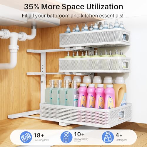 Under Sink Organizer 3-Tier Metal Pull-Out Shelf - White 2-Pack