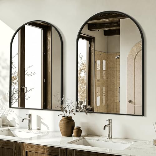 AMOISE 30x20 Inch Black Arched Bathroom Mirror - Pack of 2 Wall Mount Vanity