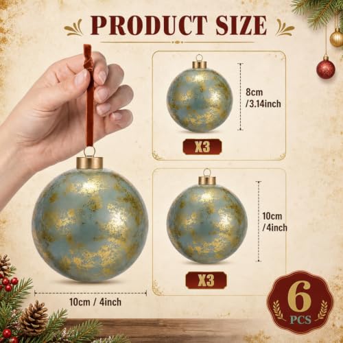 Civaner 6 Pcs Vintage Christmas Glass Ornaments Set – 4in & 3.14in Antique Gold Copper
