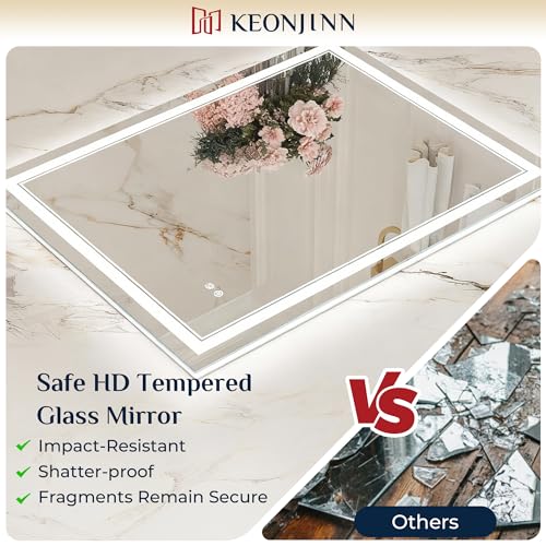 Keonjinn 22 x 32 Inch LED Bathroom Mirror with Backlit & Frontlit, Tempered Glass, Dimmable, Defogging, Wall Mount