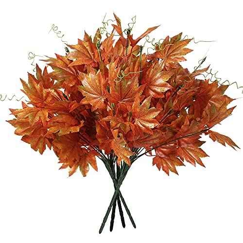 Sggvecsy Artificial Fall Maple Leaves Branches Autumn Fake Shrubs Silk Maple Leaf Bushes Autumn Faux Plants Fall Leaves Stem for Indoor Outdoor Home Table Centerpieces Thanksgiving Decoration, 4 Pcs