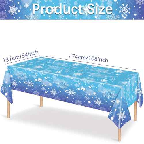 3 Pieces 54x108 Inch Snowflake Winter Wonderland Rectangle Plastic Tablecloth, Disposable Blue and Purple Table Cover with White Snowflakes for Christmas, Birthday, and Winter Party Decorations