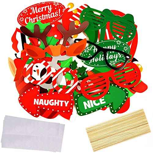 32Pcs Christmas Photo Booth Props, Christmas Party Selfie Prop for Kids Adults, DIY Photography Props Decorations Accessories