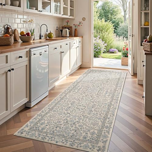 Jinchan Blue/Cream 3x10 Washable Floral Hallway Runner Rug Non-Slip