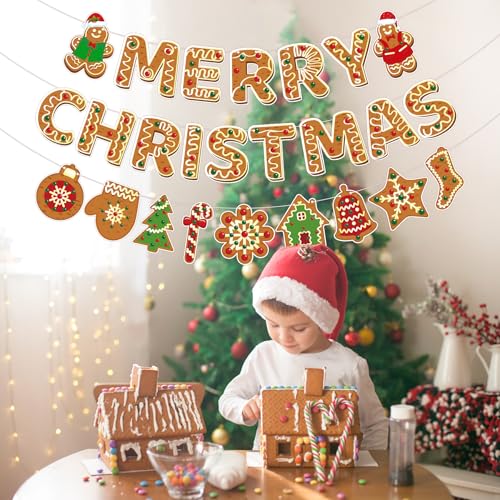 Gingerbread Merry Christmas Banner, Merry Xmas Banner for Christmas Party Decorations