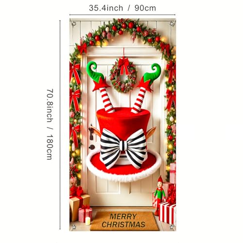 Christmas Elf Door Cover - 35x71 Inch Holiday Wall Banner for Front Door Decor