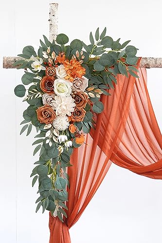 Olalaka Burnt Orange Wedding Arch Flowers Kit with 26ft Terracotta Draping Fabric - DIY Ceremony Backdrop