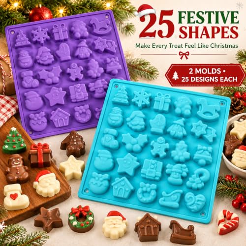 Keliwa 2-Pack Christmas Silicone Chocolate Molds - 25 Holiday Shapes, Food-Grade BPA-Free, Flexible & Reusable