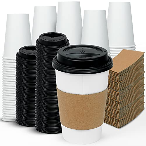 Ginkgo 16 oz Disposable Coffee Cups with Lids & Sleeves - 100 Pack