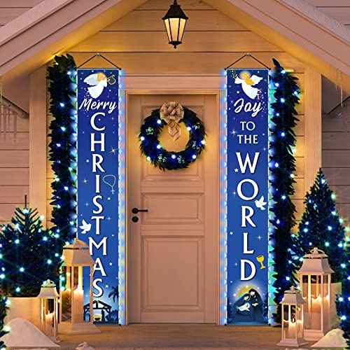 Christmas Nativity Door Banner with Lights Joy to the World Nativity Porch Banner Blue Religious Christmas Night Door Hanging Decorations for Winter Holiday Xmas Party Supplies Decor, 12 x 71 Inches