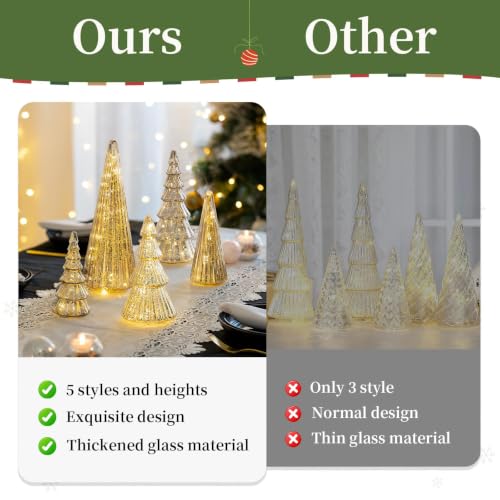 Glass Christmas Tree Set - Silver Mercury Finish, 5 Pcs Hand-Blown Holiday Decor