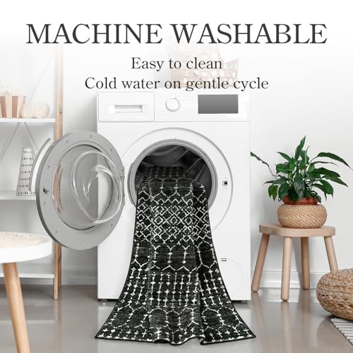 Lahome Black Moroccan Runner Rug 2.5' x 12' Washable Non-Slip Indoor Floor Carpet