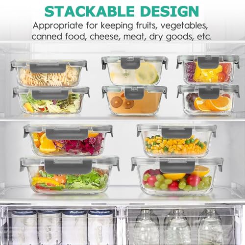 Glass Food Storage Containers Set - 34-Piece Airtight Meal Prep Lids - Gray