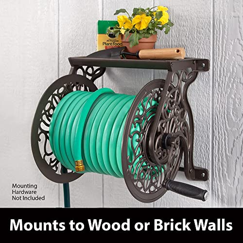 Decorative Cast Aluminum Wall Mount Garden Hose Reel - Holds 125 Feet, No Guide, Bronze Finish