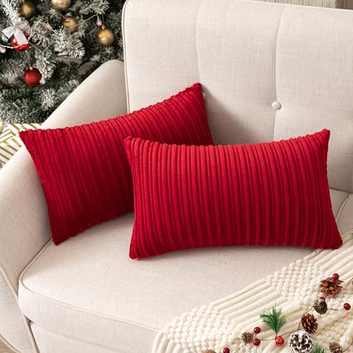 UGS UGASA Christmas Super Soft Plush Corduroy Pillow Covers Velvet Rectangular Striped Decor Cushion Cases for Livingroom/Couch, 1 Piece, 12"x20"(30x50cm), Burgundy