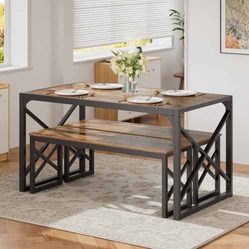 55-Inch Kitchen Dining Table Set for 4 with Steel Frame & Wood Grain Finish