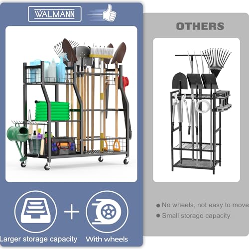 WALMANN Garden Tool Organizer with Wheels, Black, 36.25in Rake & Shovel Stand