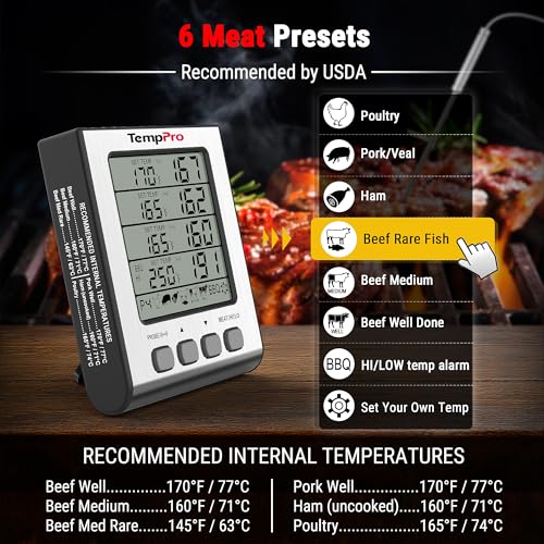 TempPro TempTrack Digital Meat Thermometer with 4 Color-Coated Probes - Accurate BBQ & Cooking
