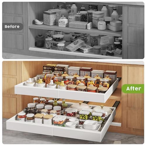 Seinloes White 2 Pack Pull Out Cabinet Organizers 15.2-26.3" Wide, 21" Deep with Adjustable Width & 3 Slide Rails