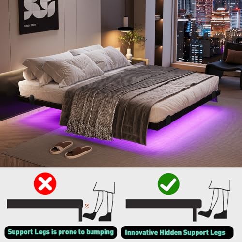 Floating Queen Bed Frame with LED RGB Lights & Charging Station - 14 Inch Modern Design