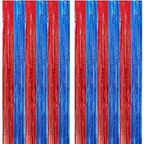 4 Pack Red and Blue Foil Fringe Curtains Photo Booth Prop Tinsel Streamer Backdrops, Birthday Party Decorations Graduation Bachelorette Bridal Wedding Baby Shower Party Supplies, 3.3x6.6 ft