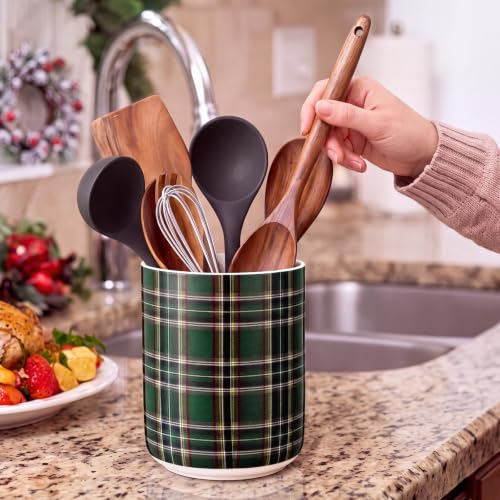 Qinyoung Christmas Utensil Crock with Tartan Plaid Design - Green Ceramic Kitchen Organizer