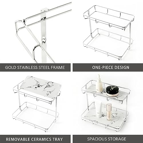 2 Tier Bathroom Organizer Shelf with Marble Ceramic Trays & Stainless Steel Frame