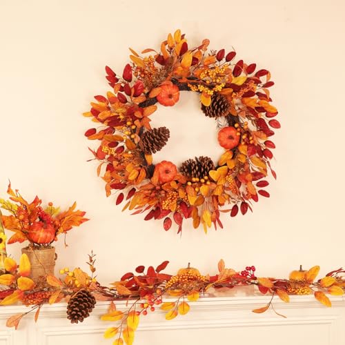 Large 26 Inch Fall Wreath with Lights & Timer for Front Door, Autumn Pumpkin & Eucalyptus Decor