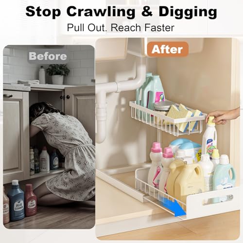 REALINN 2 Pack Under Sink Organizer White L-Shaped 2-Tier Pull-Out Cabinet Storage