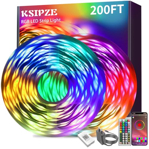 KSIPZE 200ft RGB Music Sync LED Strip Lights with App & Remote, Color Changing, Bluetooth, Flexible Home Decor
