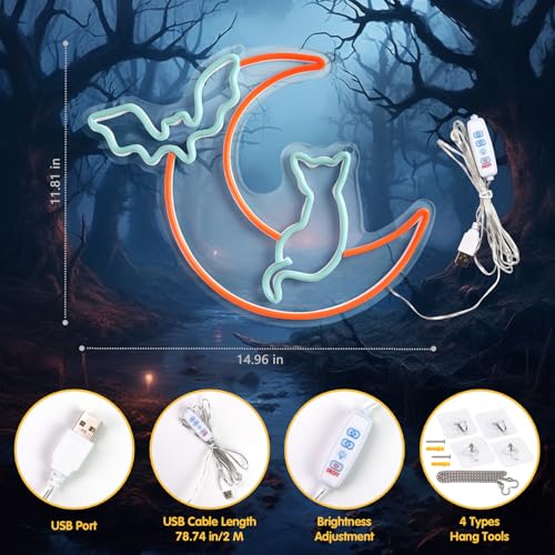 Halovin Halloween Neon Sign Wall Decor - Style A Moon Bat Cat Light