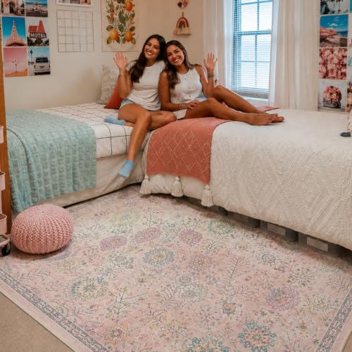 Pink Floral Rug for Girls Bedroom 5x7 - Soft Washable Dorm Carpet with Non-Slip Backing, Light Pink Variation