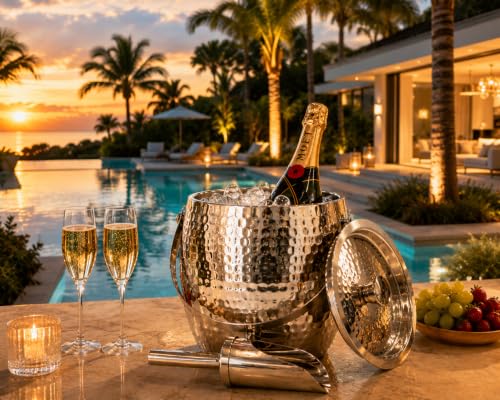BREKX Silver Insulated Ice Bucket with Lid & Scoop, 3 Qt Champagne Cooler