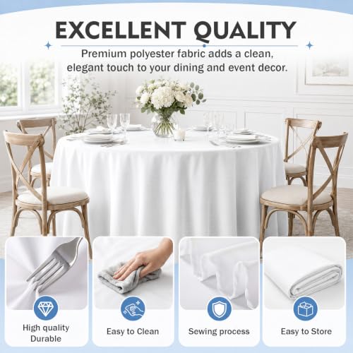 White Round Tablecloth 120 Inch - Pack of 10 Washable, Stain & Wrinkle Resistant Polyester for Weddings & Events