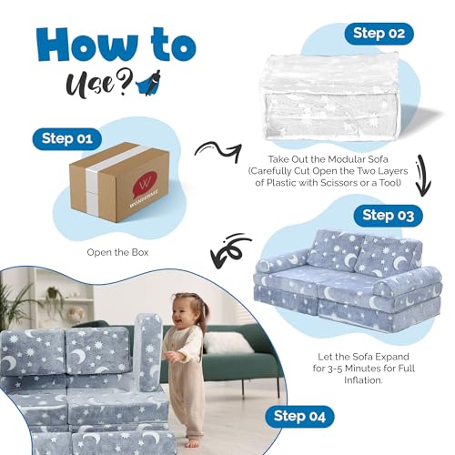 Kids Modular Play Couch Set with Glow in the Dark Stars - 10 Pieces for Imaginative Playroom & Bedroom