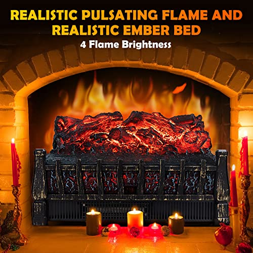 LifePlus 21 Inch Electric Fireplace Log Set with Remote, 8H Timer, Realistic Flame – Antique Bronze