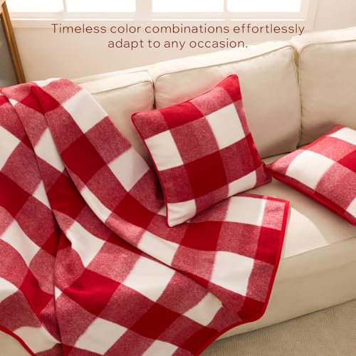 Red Christmas Throw Pillow Covers Set of 2 - Faux Wool Buffalo Check 18x18 Inches