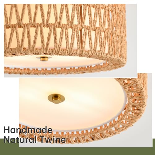 Brown Rattan Ceiling Light Fixture - 12.6 Inch Boho Bohemian Style, Dual-Layer Design