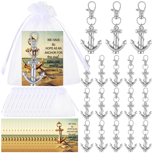 Equsion 100 Pcs Christian Anchor Keychains with Blessing Cards & White Organza Bags – Bulk religious nautical favors